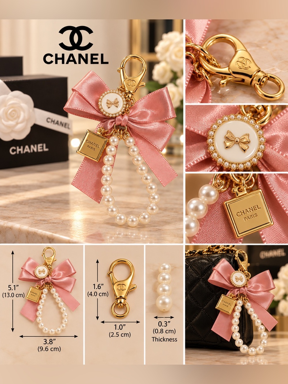 Pearl Bead Keychain Wristlet with Pink Satin Bow